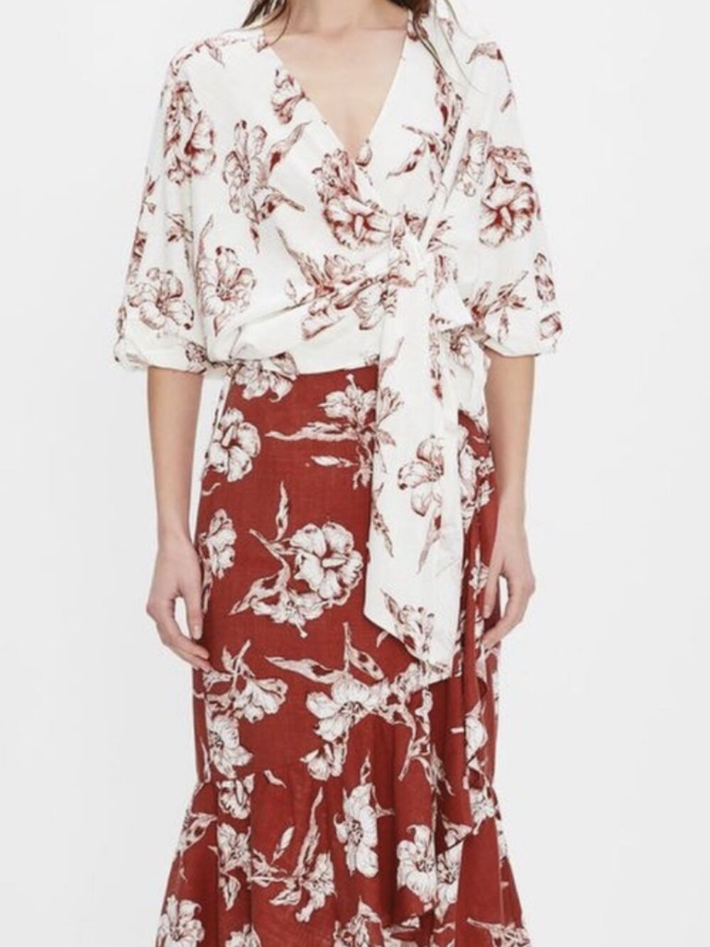 Zara Floral Linen Blend Skirt Set M